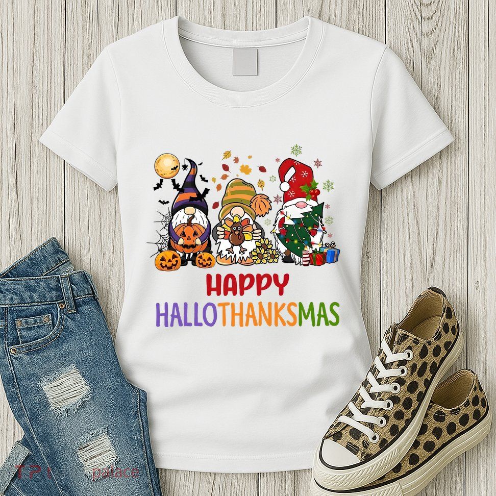 Gnomes Happy Hallothanksmas Halloween Thanksgivng Christmas Womens T-Shirt