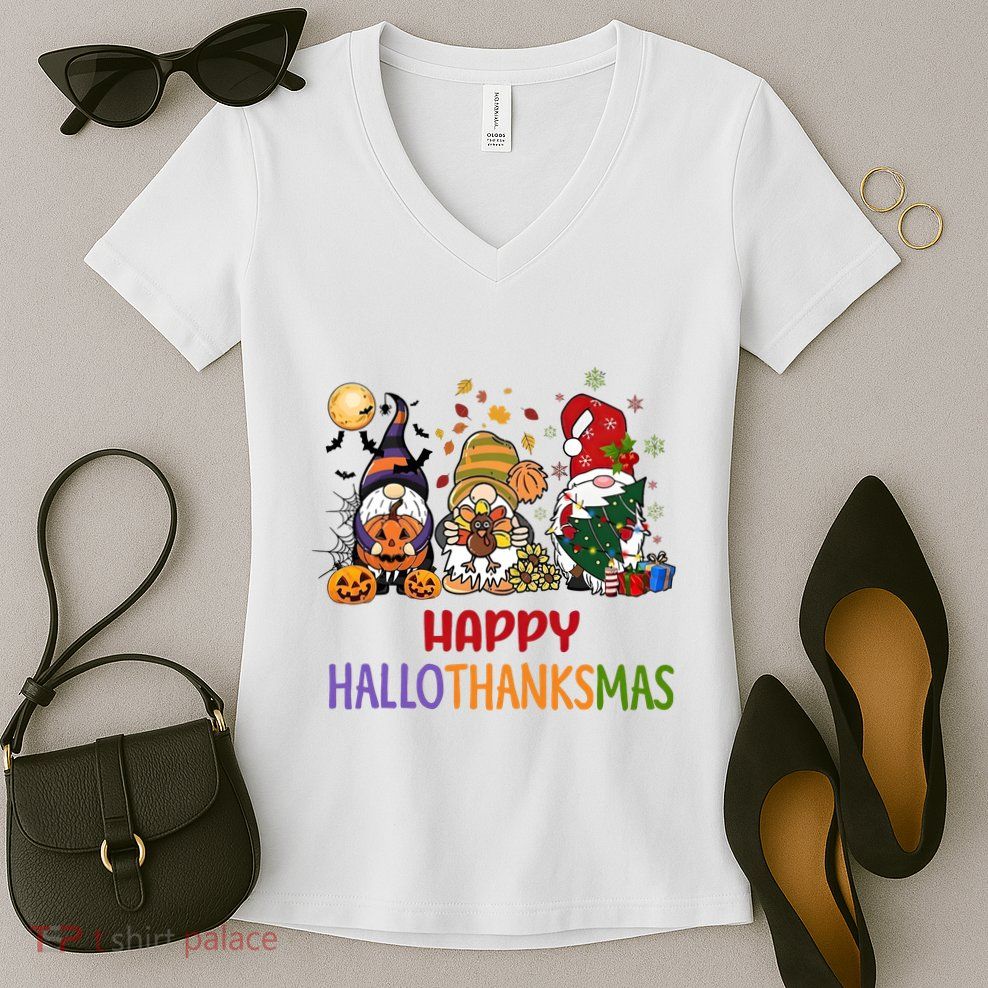 Gnomes Happy Hallothanksmas Halloween Thanksgivng Christmas Women's V-Neck T-Shirt