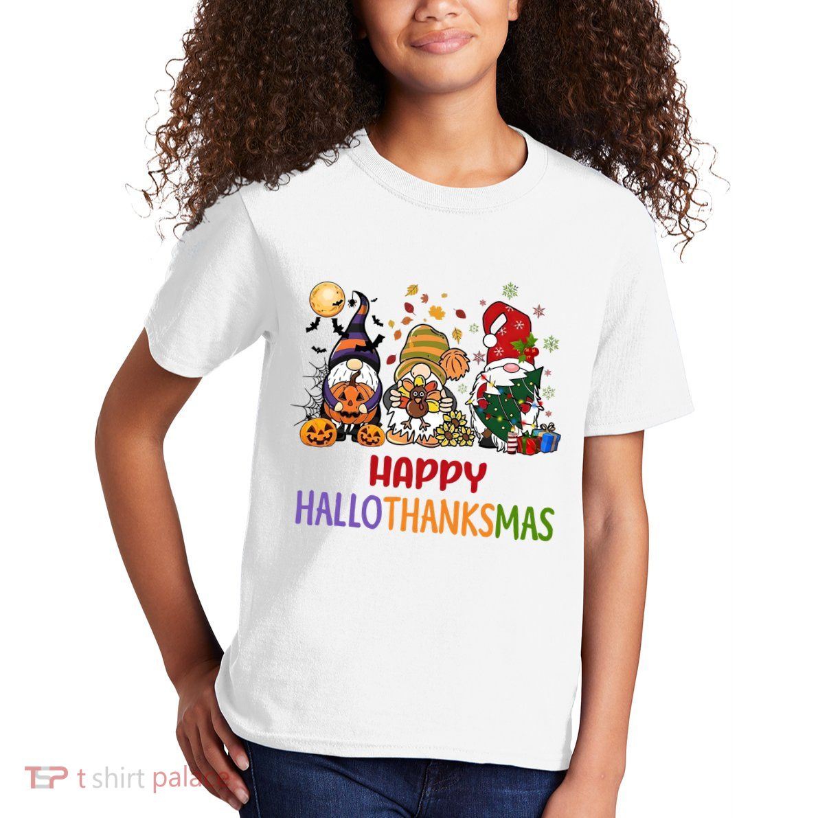 Gnomes Happy Hallothanksmas Halloween Thanksgivng Christmas Kids T-Shirt