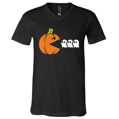 Gamer Humorous Halloween Pumpkin Eating Ghost V-Neck T-Shirt