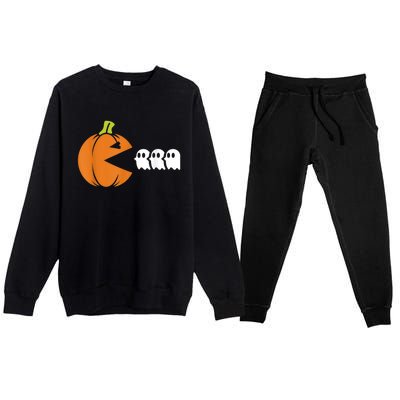 Gamer Humorous Halloween Pumpkin Eating Ghost Premium Crewneck Sweatsuit Set