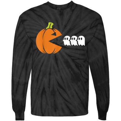 Gamer Humorous Halloween Pumpkin Eating Ghost Tie-Dye Long Sleeve Shirt