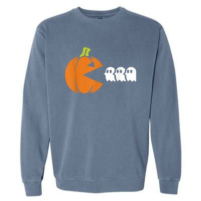 Gamer Humorous Halloween Pumpkin Eating Ghost Garment-Dyed Sweatshirt