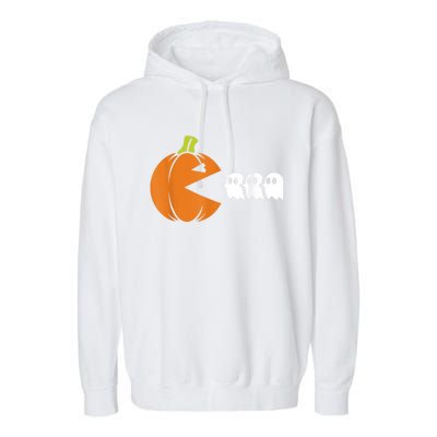 Gamer Humorous Halloween Pumpkin Eating Ghost Garment-Dyed Fleece Hoodie