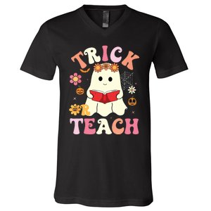 Groovy Halloweengroovy Halloween Trick Or Teach Retro V-Neck T-Shirt