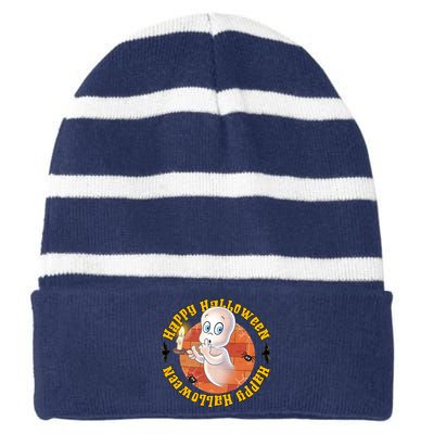 Ghost Happy Halloween Casper Ghost Pumpkin Trick Or Treat Striped Beanie with Solid Band