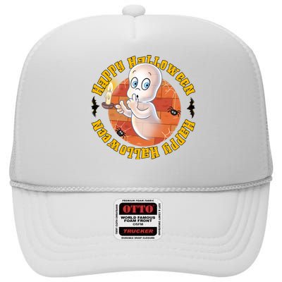 Ghost Happy Halloween Casper Ghost Pumpkin Trick Or Treat High Crown Mesh Back Trucker Hat