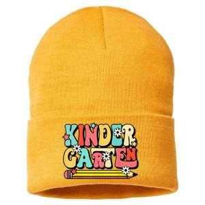 Groovy Hello Kindergarten Vibes Retro Teacher To School Sustainable Knit Beanie