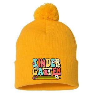 Groovy Hello Kindergarten Vibes Retro Teacher To School Pom Pom 12in Knit Beanie