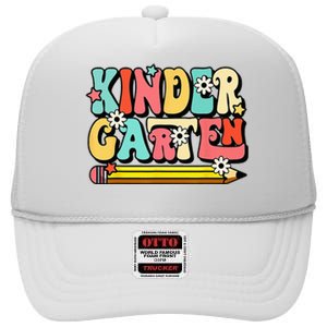 Groovy Hello Kindergarten Vibes Retro Teacher To School High Crown Mesh Back Trucker Hat