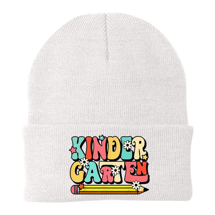 Groovy Hello Kindergarten Vibes Retro Teacher To School Knit Cap Winter Beanie