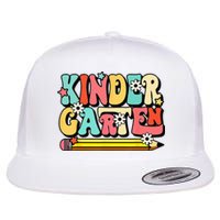 Groovy Hello Kindergarten Vibes Retro Teacher To School Flat Bill Trucker Hat