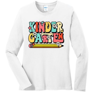 Groovy Hello Kindergarten Vibes Retro Teacher To School Ladies Long Sleeve Shirt