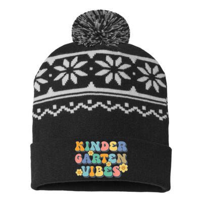 Groovy Hello Kindergarten Vibes Retro Teacher Back To School Gift USA-Made Snowflake Beanie