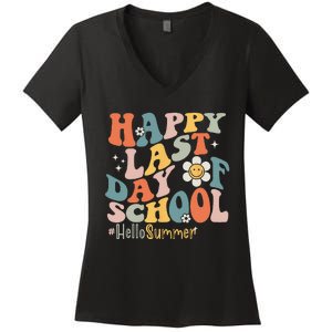 Groovy Happy Last Day of School Teacher Student Hello Summer Women's V-Neck T-Shirt