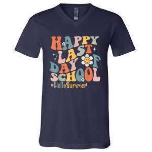 Groovy Happy Last Day Of School Teacher Student Hello Summer V-Neck T-Shirt