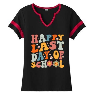 Groovy Happy Last Day Of School Teacher Student Graduation Ladies Halftime Notch Neck Tee