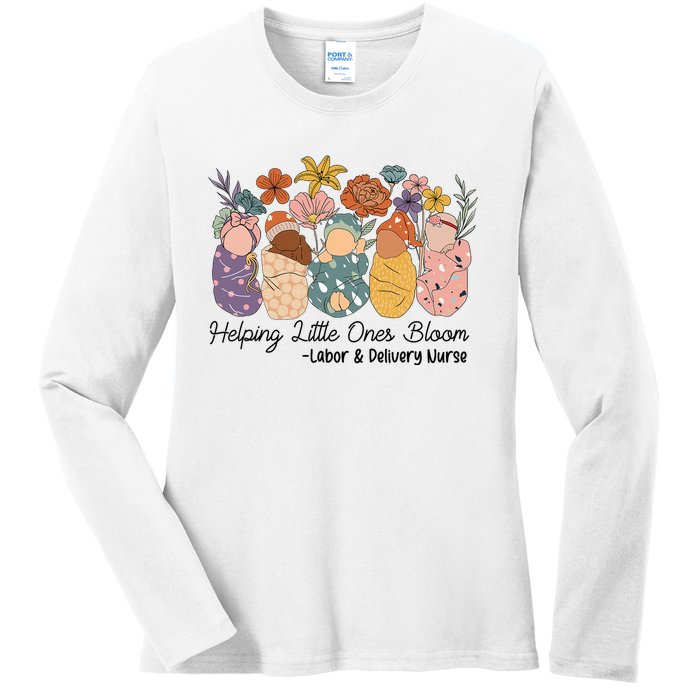 Groovy Helping Little Ones Bloom Labor & Delivery Nurse Ladies Long Sleeve Shirt