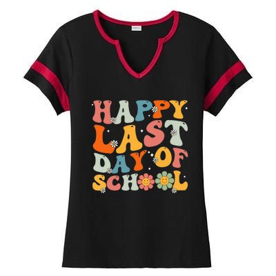 Groovy Happy Last Day Of School Teacher Student Graduation Ladies Halftime Notch Neck Tee