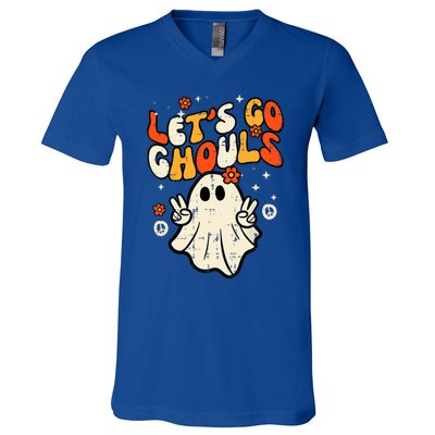 Ghost Halloween Lets Go Ghouls Retro Costume V-Neck T-Shirt