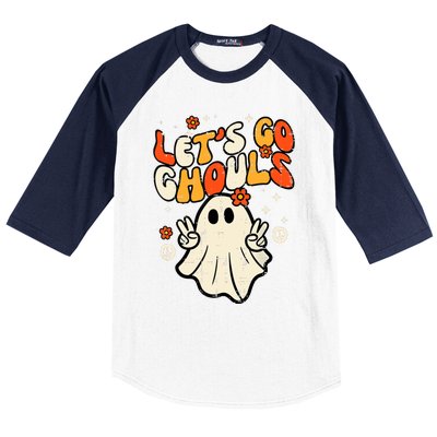 Ghost Halloween Lets Go Ghouls Retro Costume Baseball Sleeve Shirt