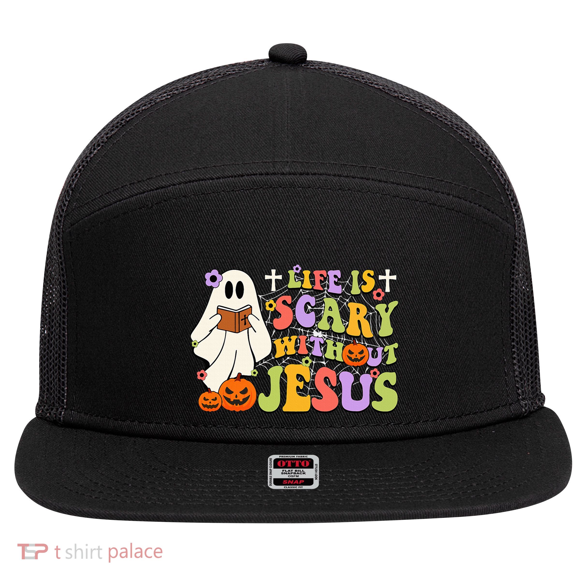 Groovy Halloween Life Is Scary Without Jesus Christian Lover 7 Panel Mesh Trucker Snapback Hat