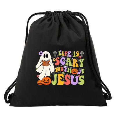 Groovy Halloween Life Is Scary Without Jesus Christian Lover Drawstring Bag
