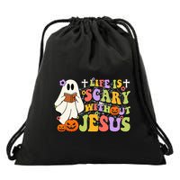 Groovy Halloween Life Is Scary Without Jesus Christian Lover Drawstring Bag