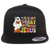 Groovy Halloween Life Is Scary Without Jesus Christian Lover Flat Bill Trucker Hat