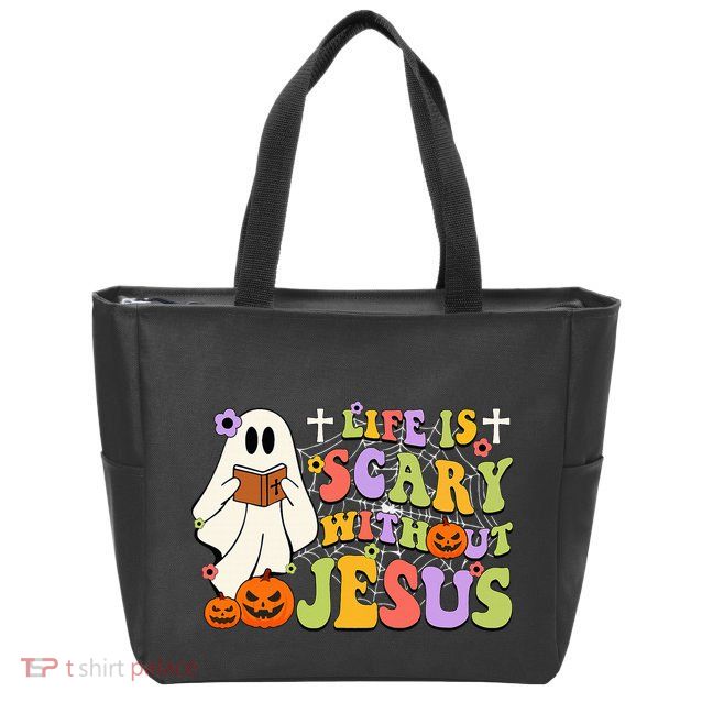 Groovy Halloween Life Is Scary Without Jesus Christian Lover Zip Tote Bag