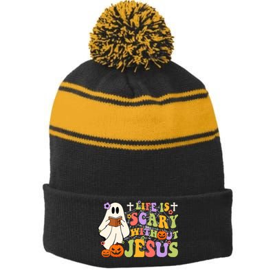 Groovy Halloween Life Is Scary Without Jesus Christian Lover Stripe Pom Pom Beanie