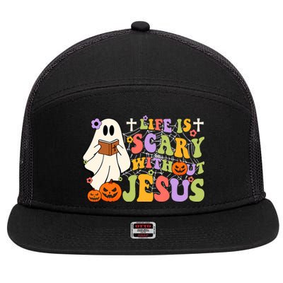 Groovy Halloween Life Is Scary Without Jesus Christian Lover 7 Panel Mesh Trucker Snapback Hat