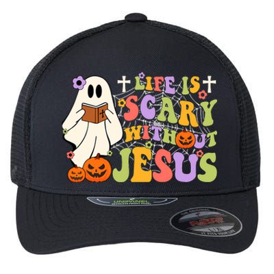 Groovy Halloween Life Is Scary Without Jesus Christian Lover Flexfit Unipanel Trucker Cap