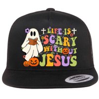 Groovy Halloween Life Is Scary Without Jesus Christian Lover Flat Bill Trucker Hat