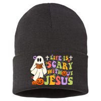 Groovy Halloween Life Is Scary Without Jesus Christian Lover Sustainable Knit Beanie