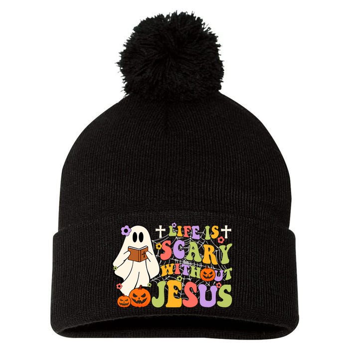 Groovy Halloween Life Is Scary Without Jesus Christian Lover Pom Pom 12in Knit Beanie