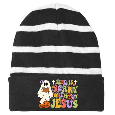 Groovy Halloween Life Is Scary Without Jesus Christian Lover Striped Beanie with Solid Band