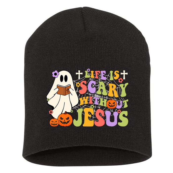 Groovy Halloween Life Is Scary Without Jesus Christian Lover Short Acrylic Beanie