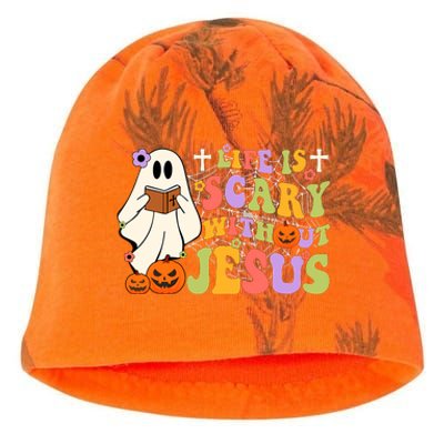 Groovy Halloween Life Is Scary Without Jesus Christian Lover Kati - Camo Knit Beanie