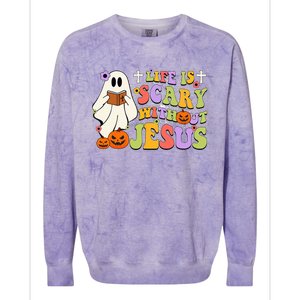 Groovy Halloween Life Is Scary Without Jesus Christian Lover Colorblast Crewneck Sweatshirt