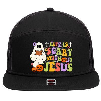 Groovy Halloween Life Is Scary Without Jesus Christian Lover 7 Panel Mesh Trucker Snapback Hat