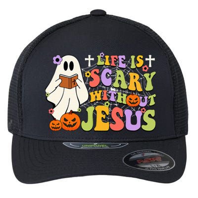 Groovy Halloween Life Is Scary Without Jesus Christian Lover Flexfit Unipanel Trucker Cap