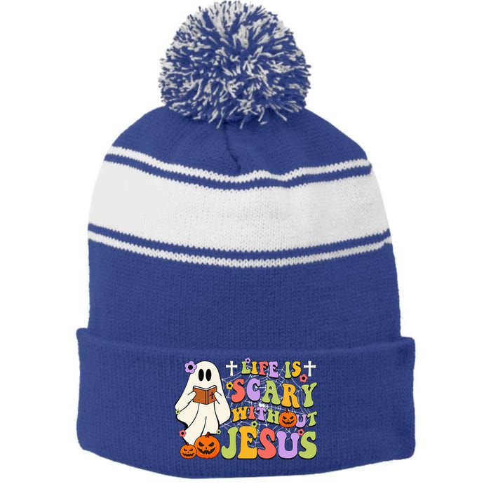 Groovy Halloween Life Is Scary Without Jesus Christian Lover Stripe Pom Pom Beanie