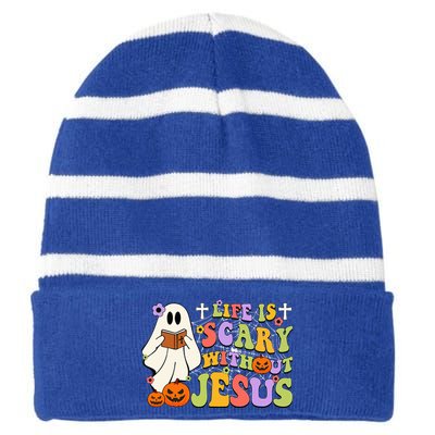 Groovy Halloween Life Is Scary Without Jesus Christian Lover Striped Beanie with Solid Band