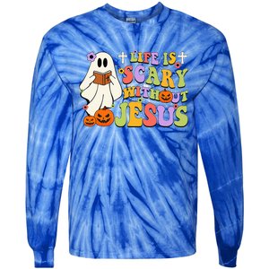 Groovy Halloween Life Is Scary Without Jesus Christian Lover Tie-Dye Long Sleeve Shirt