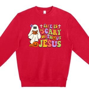 Groovy Halloween Life Is Scary Without Jesus Christian Lover Premium Crewneck Sweatshirt