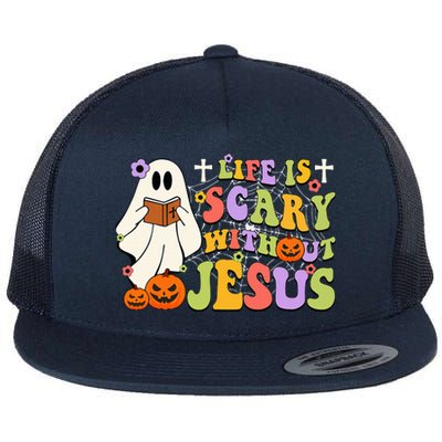 Groovy Halloween Life Is Scary Without Jesus Christian Lover Flat Bill Trucker Hat