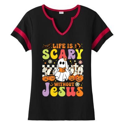 Ghost Halloween Life Is Scary Without Jesus Christian Lover Ladies Halftime Notch Neck Tee