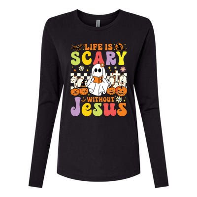 Ghost Halloween Life Is Scary Without Jesus Christian Lover Womens Cotton Relaxed Long Sleeve T-Shirt