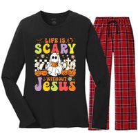 Ghost Halloween Life Is Scary Without Jesus Christian Lover Women's Long Sleeve Flannel Pajama Set 